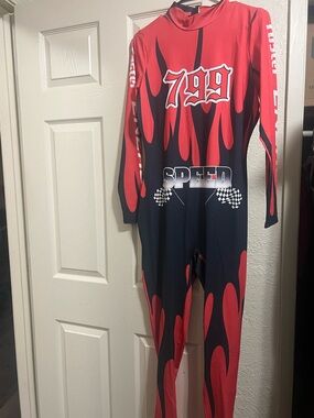 Fashion Nova Red & Black 799 Graphic Racing Jumpsuit